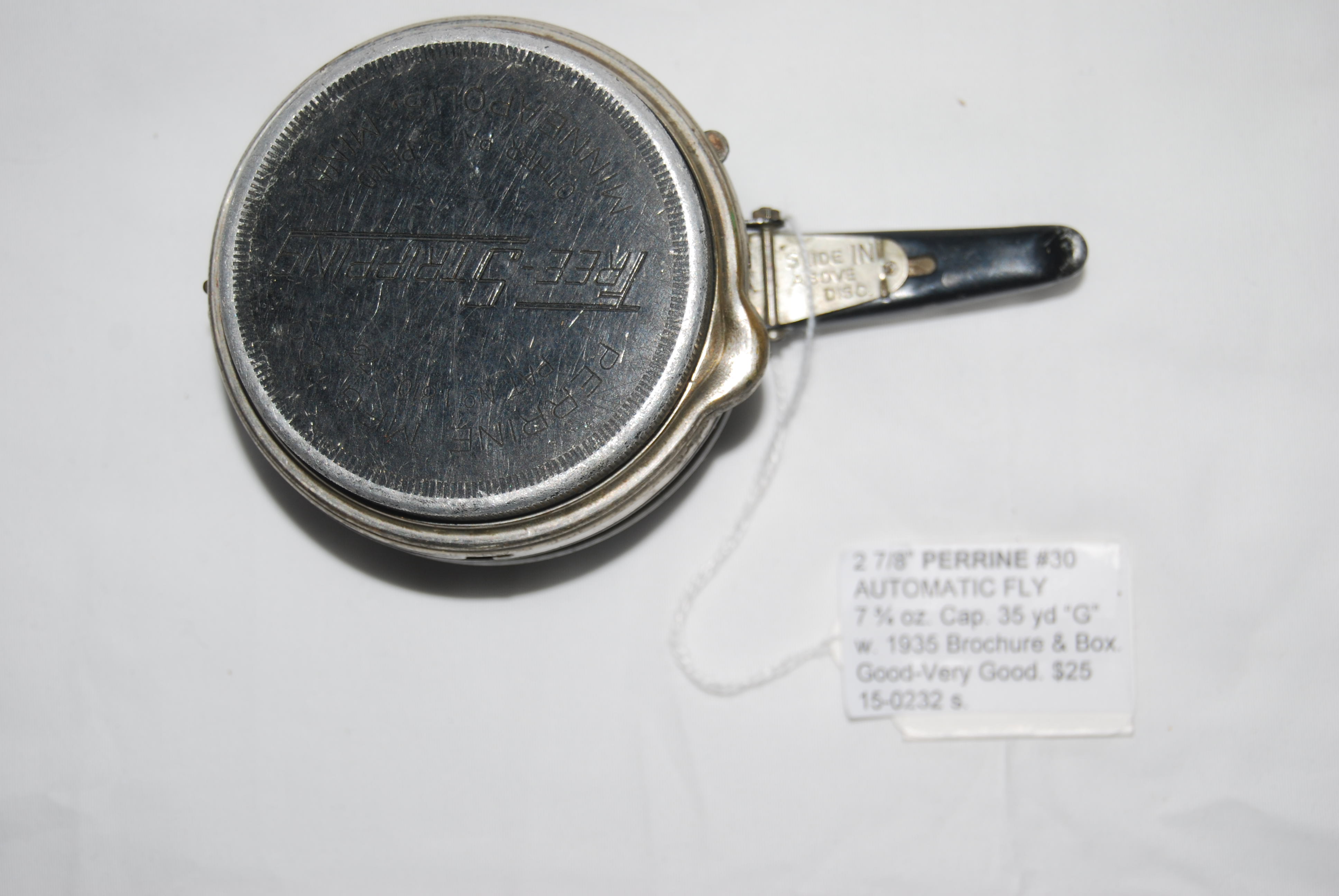 2 7/8” PERRINE NO. 30 FREE STRIPPING AUTOMATIC FLY REEL. 7 ¾ oz. Capacity  35 yd. “G” line. In original Box with Perrine Circular No. 40 dated May  1935.